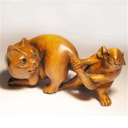 Boxwood Netsuke Cat and Rat