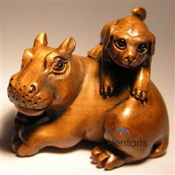 Boxwood Netsuke Dog on Hippo
