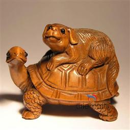 Boxwood Netsuke Dog on Turtle