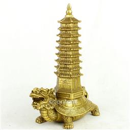 Brass Feng Shui Pagoda on Dragon Head Tortoise
