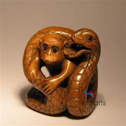 Wood Netsuke Monkey and Snake
