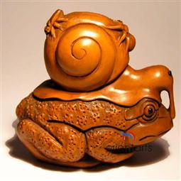 Wood Netsuke Snail With Worms on Frog