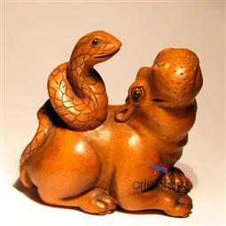 Wood Netsuke Snake on Hippo