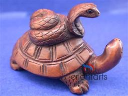 Wood Netsuke Snake on Turtle