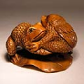 Boxwood Netsuke Frogs on Lotus
