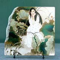 Lady and Lotus Flower Chinese Painting Reproduction on Marble Slab
