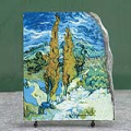Two Poplars on a Road through the Hills by Vincent Van Gogh Oil Painting Reproduction on Marble Slab
