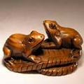 Wood Netsuke 2 Frogs on Straw Sandals