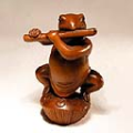 Wood Netsuke Frog with Bamboo Flute