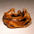 Wood Netsuke Frogs on Lotus