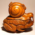 Wood Netsuke Snail With Worms on Frog